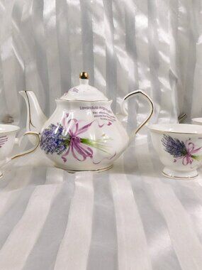 Teapot and Three Teacups with Lavendar Flowers # 26929